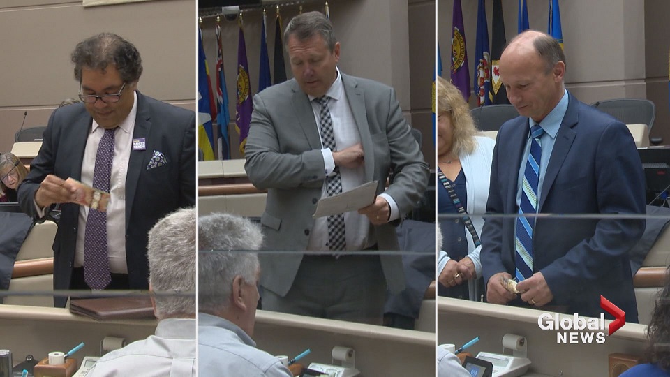 Calgary mayoral candidates Naheed Nenshi, Andre Chabot and Bill Smith on nomination day 2017. 