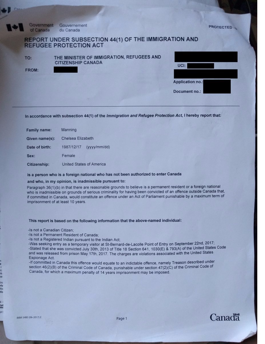 Chelsea Manning on Monday tweeted this image purporting to show the federal government\’s decision to deny her entry to Canada.