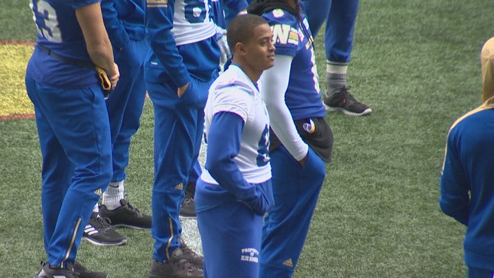 New Blue Bombers receiver Chris Givens watches the club's pre-game walk through on Thursday.