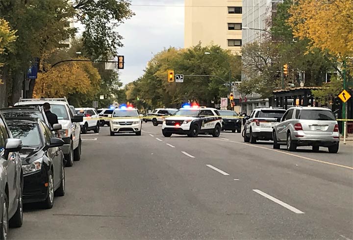 There is currently a large police presence in downtown Saskatoon.