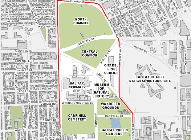 A map detailing the area which will be the target of a "Halifax Common Master Plan" according to tender documents .