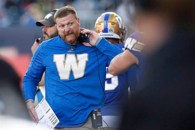 Winnipeg Blue Bombers head coach Mike O'Shea reacts after a call during the first half of CFL action against the B.C. Lions in Winnipeg Saturday, October 8, 2016. O'Shea won't be winging his speech Thursday when he's inducted into the Canadian Football Hall of Fame.