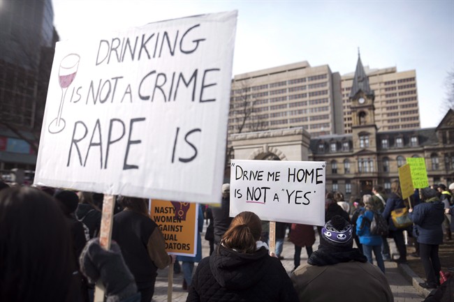 Demonstrators protest Judge Gregory Lenehan's decision to acquit a Halifax taxi driver charged with sexual assault during a rally in Halifax on March 7, 2017.