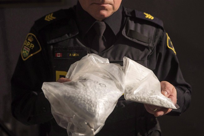 An OPP officer displays bags containing fentanyl as Ontario Provincial Police host a news conference in Vaughan, Ont., on February 23, 2017. The RCMP has launched at least 20 investigations involving dozens of vendors shipping fentanyl from China as Canada grapples with a record number of illicit opioid deaths, the force's director of serious organized crime says.