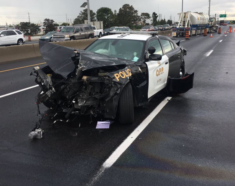 An OPP cruiser was rammed by the driver of a stolen pickup truck on Highway 401 in Oshawa on Thursday afternoon.