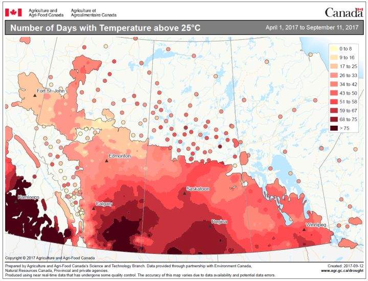 It has been hot and dry in southern Alberta since April 2017. This map outlines the number of days above 25 C.