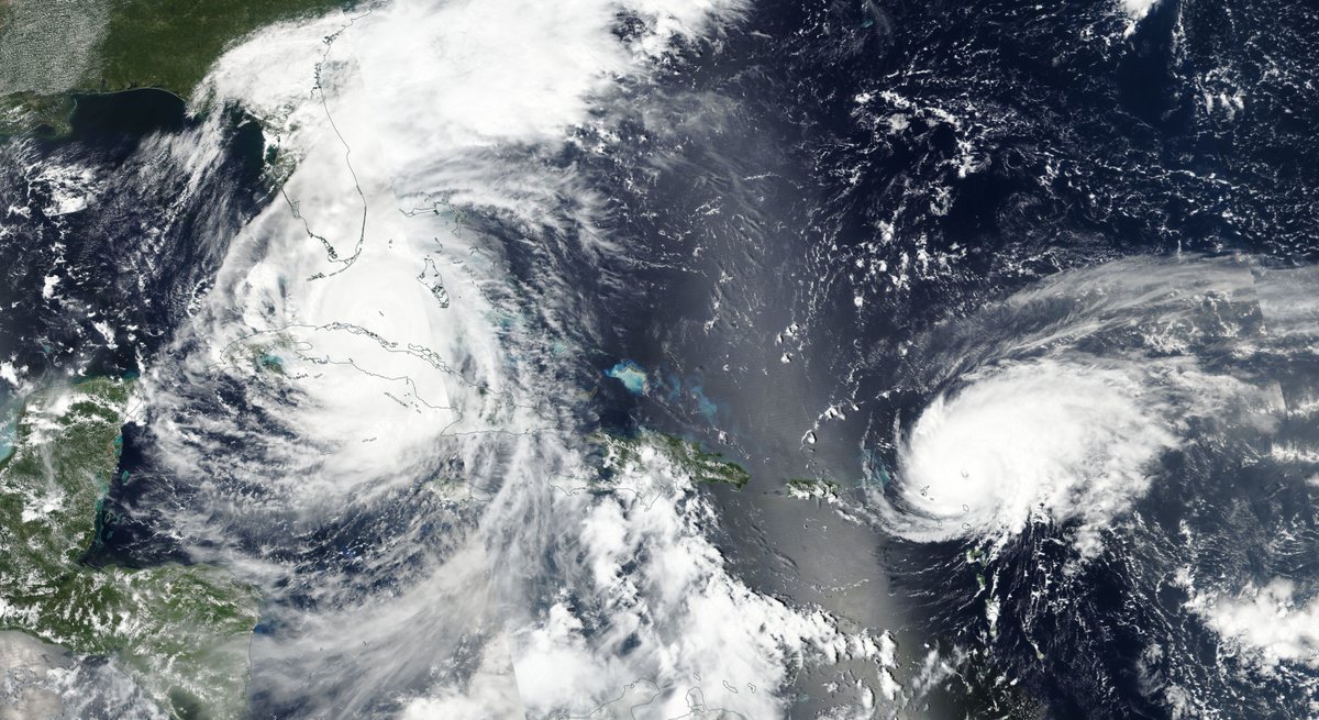 A satellite photo of Hurricane Irma and Hurricane Jose as they passed over the Caribbean and Florida on Sept. 9, 2017.