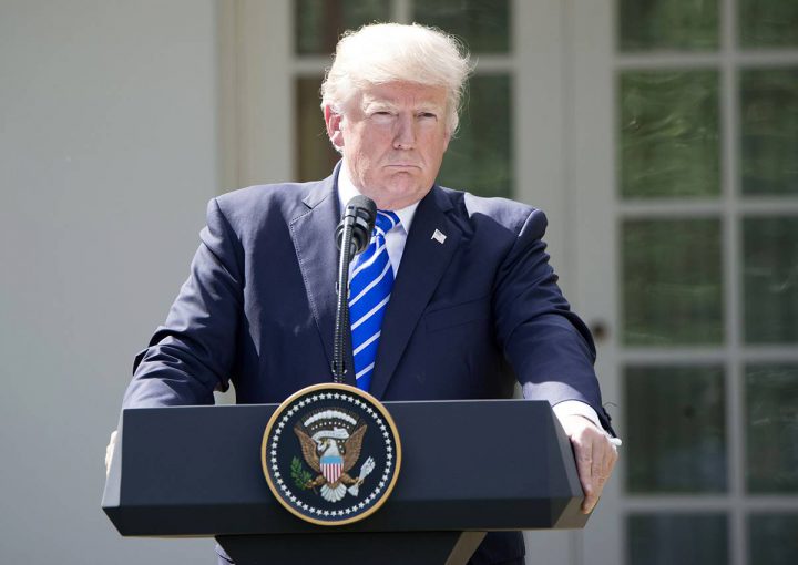 Donald Trump speaks at a press conference at the White House Rose Garden.