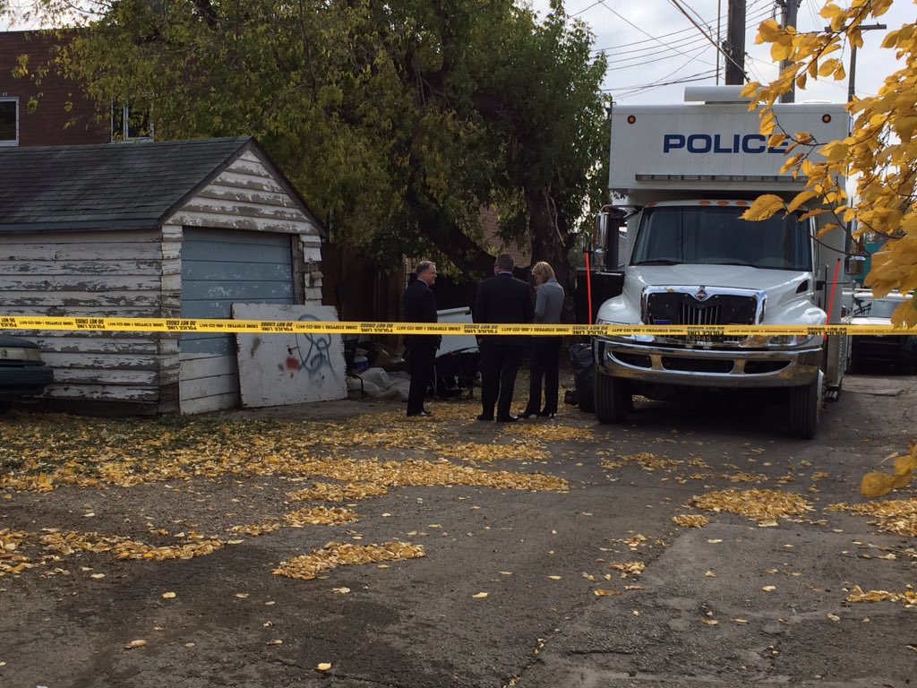 Edmonton Police Service homicide detectives are investigating after a man’s body was dug up from under a garage near 118 Avenue and 96 Street in north Edmonton. September 30, 2017.