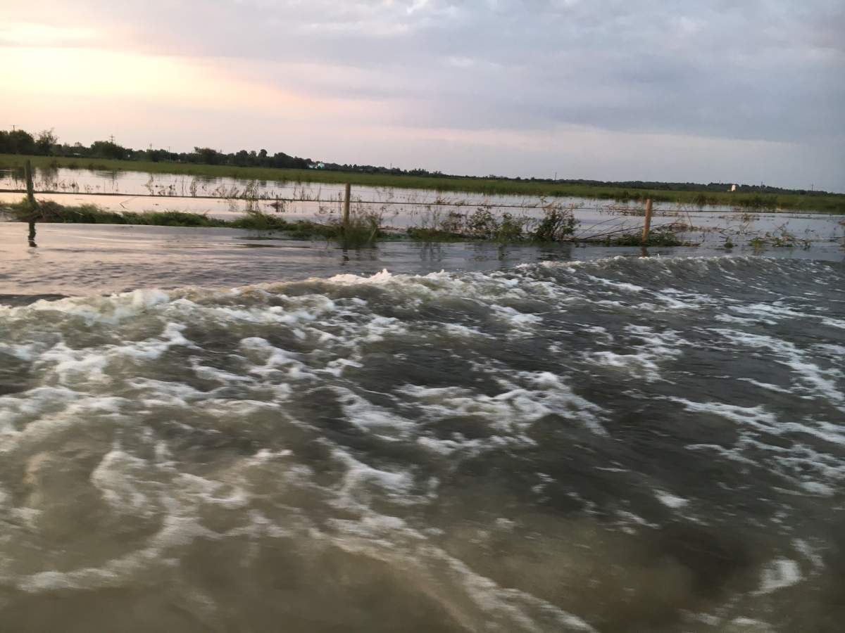 Wake created by driving on flooded road near China, Texas.