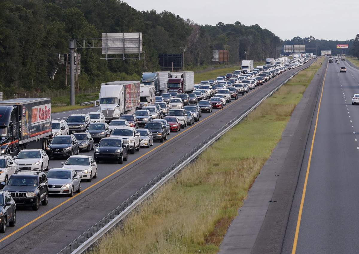 Hurricane Irma evacuating traffic streaming out of Florida creeps along northbound Interstate 75 after a vehicle accident in Lake Park, Georgia, USA, 06 September 2017.