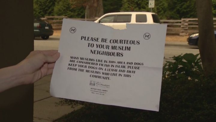 Flyers in Pitt Meadows park ask owners to keep dogs away from Muslims - image