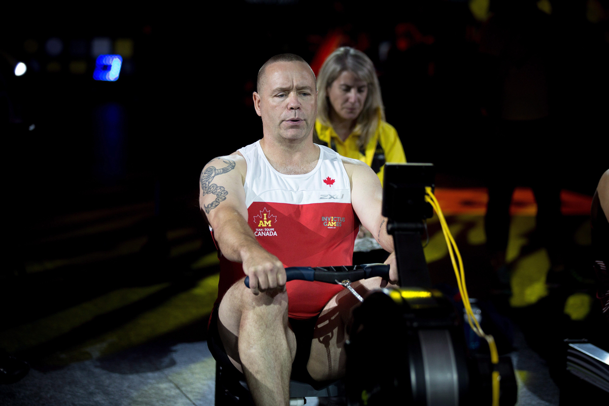 Lorne Ford of Canada participates in indoor rowing at the Invictus Games in Toronto on Tuesday, Sept. 26, 2017. 