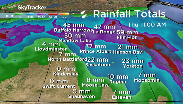 GEM model rainfall totals indicates that the heaviest rainfall amounts will fall in parts of northern Saskatchewan.