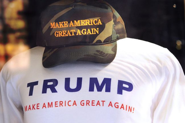T-shirts and hats printed and embroidered with Donald Trump's presidential campaign slogan, 'Make American Great Again,' for sale in the gift shop inside Trump's Fifth Avenue Trump Tower in New York City, August 27, 2016.