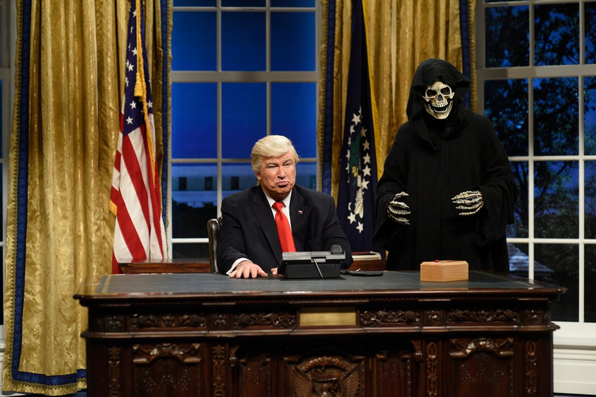 Pictured: (l-r) Alec Baldwin as President Donald J. Trump, Mikey Day as advisor Steve Bannon during the Oval Office Cold Open on Feb. 4th, 2017.