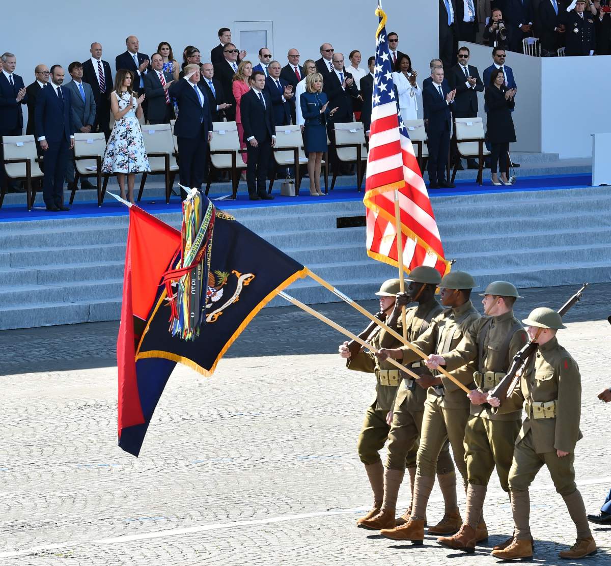 (From L to R) French Prime Minister Edouard Philippe, U.S. First Lady Melania Trump, U.S. President Donald Trump, French President Emmanuel Macron, French First Lady Brigitte Macron, French Senate President Gerard Larcher, French National Assembly President Francois de Rugy, French Ecology minister Nicolas Hulot, Paris Mayor Anne Hidalgo watch the annual Bastille Day military parade along Avenue des Champs-Elysees in Paris, France on July 14, 2017.
