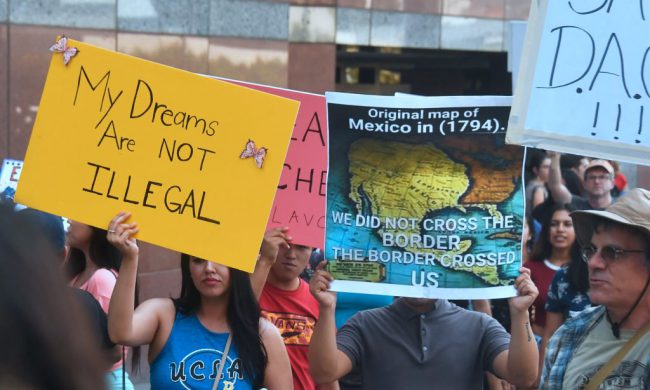 A map of Mexico as it was in 1794 is displayed as young immigrants and their supporters rally in support of Deferred Action for Childhood Arrivals (DACA) in Los Angeles, California on September 1, 2017.