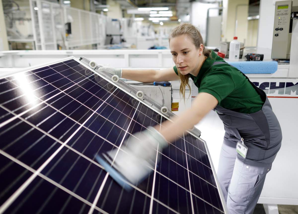 Visual control of a solar panel within the production process on August 01, 2017 in Frankfurt an der Oder, Germany. 