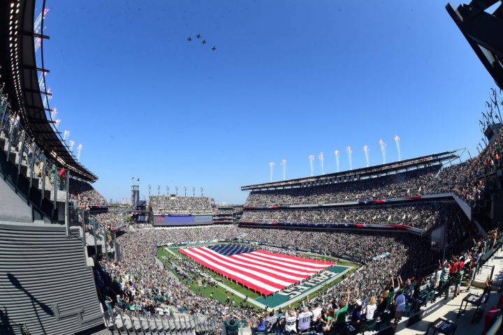 Stadium veiw of Lincoln Financial Field during a fly over during a NFL football game between the New York Giants and the Philadelphia Eagles on Sept. 24, 2017 at Lincoln Financial Field in Philadelphia, PA.