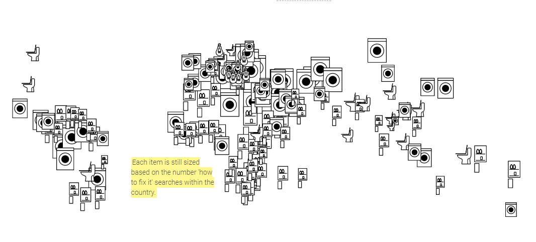 Google News Lab Data Visualization. Each item is sized based on the number of ‘how to fix it’ searches within the country.