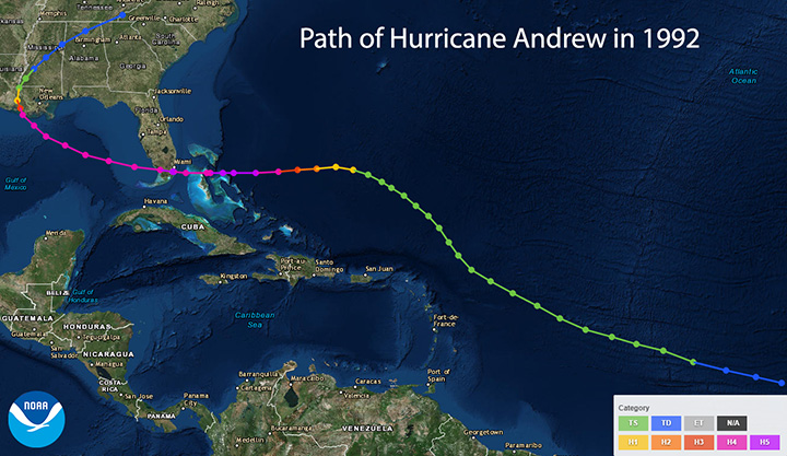 Path of Hurricane Andrew in 1992.