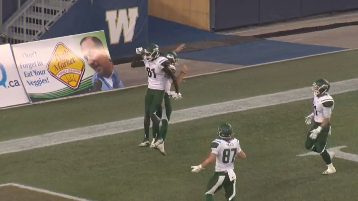 The Saskatchewan Huskies celebrate a second quarter touchdown in their win over the Manitoba Bisons on Friday at Investors Group Field.