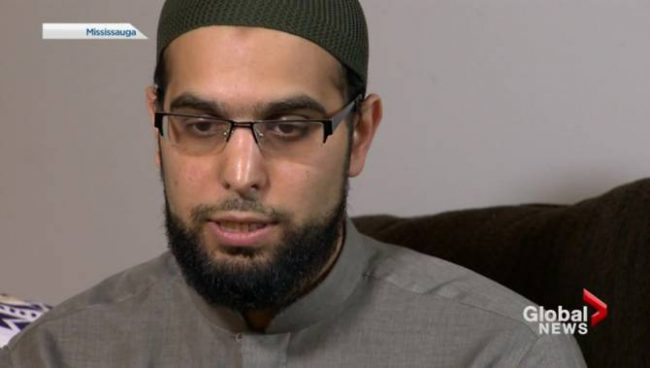Imam Ibrahim Hindy in an April, 2017 interview with Global News. This image was used in several fake news stories about a Texas mosque refusing to help non-Muslim victims of Hurricane Harvey.