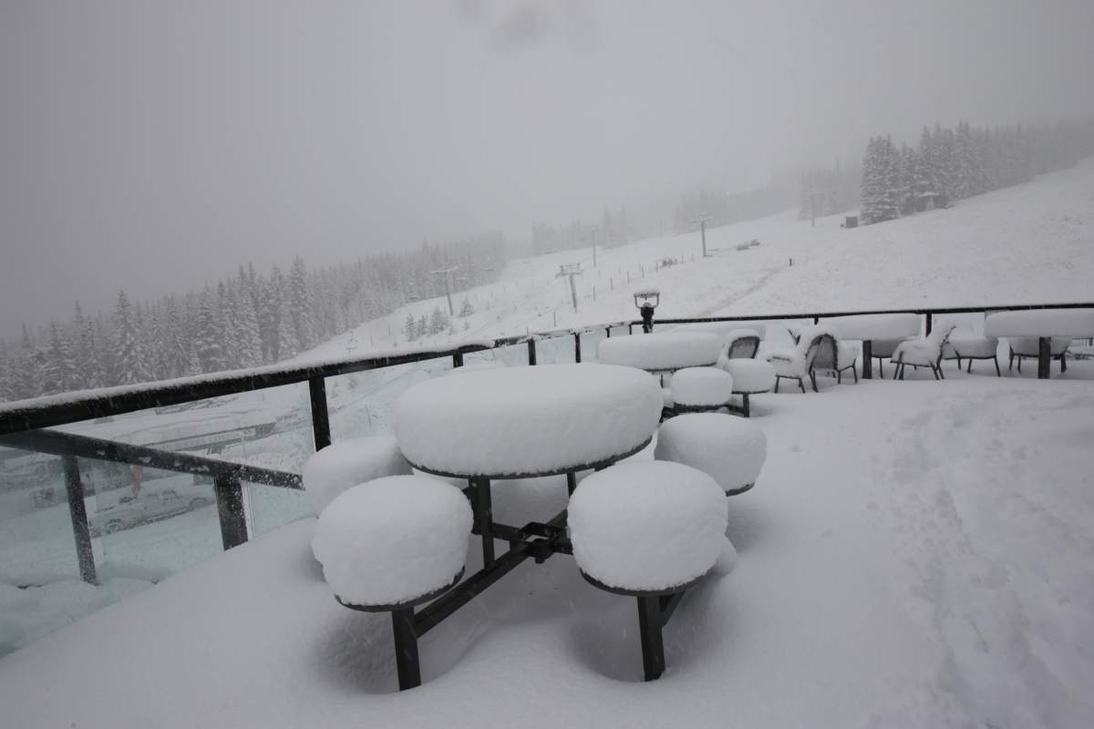 Snow accumulates on the tables outside the chalet at Marmot Basin.