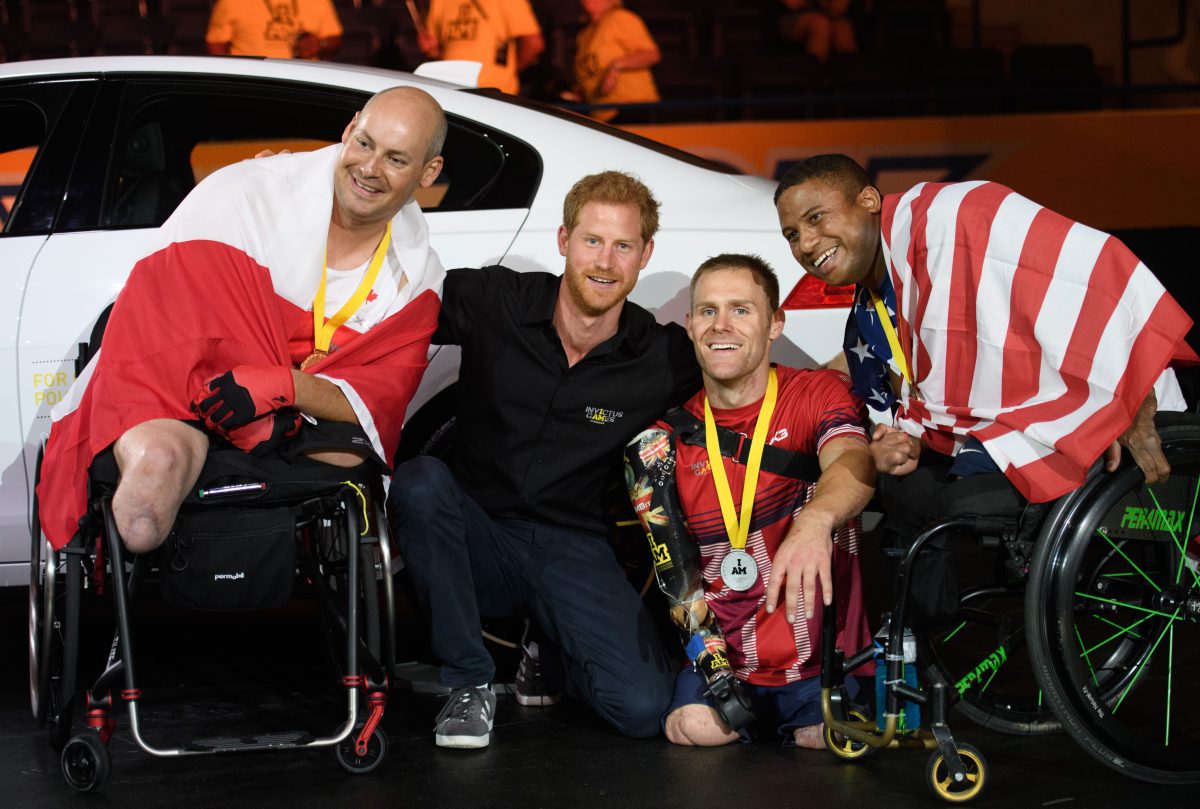 (From left) Michael Trauner of Canada (Gold), Prince Harry, Mark Ormrod (Silver), and Ryan Major (Bronze).