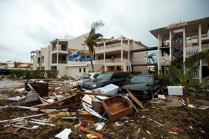 A photo taken on September 6, 2017 shows damage outside a hotel on the French side of Saint Martin, after the passage of Hurricane Irma.