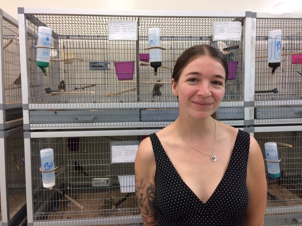 Leanne Grieves stands with the migratory song sparrows that she studies.