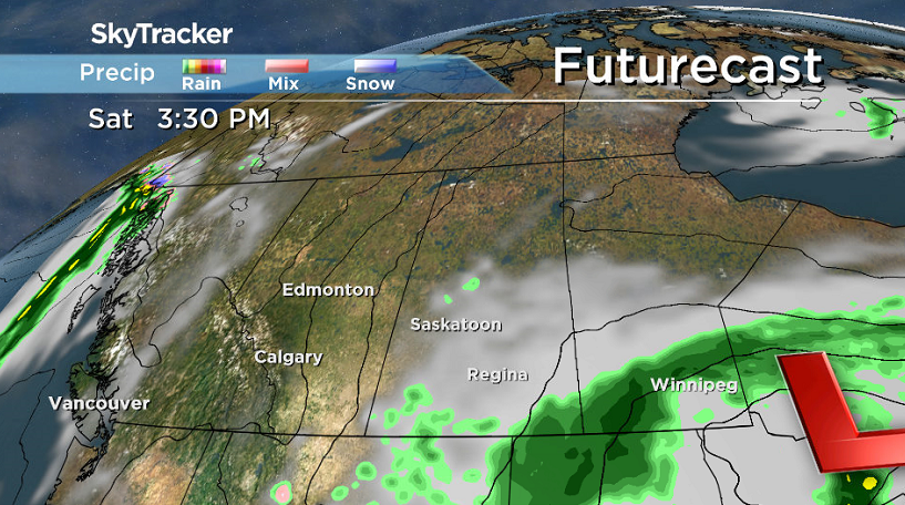 Low pressure system swinging into northern Ontario kicks up clouds into central Saskatchewan on Saturday.