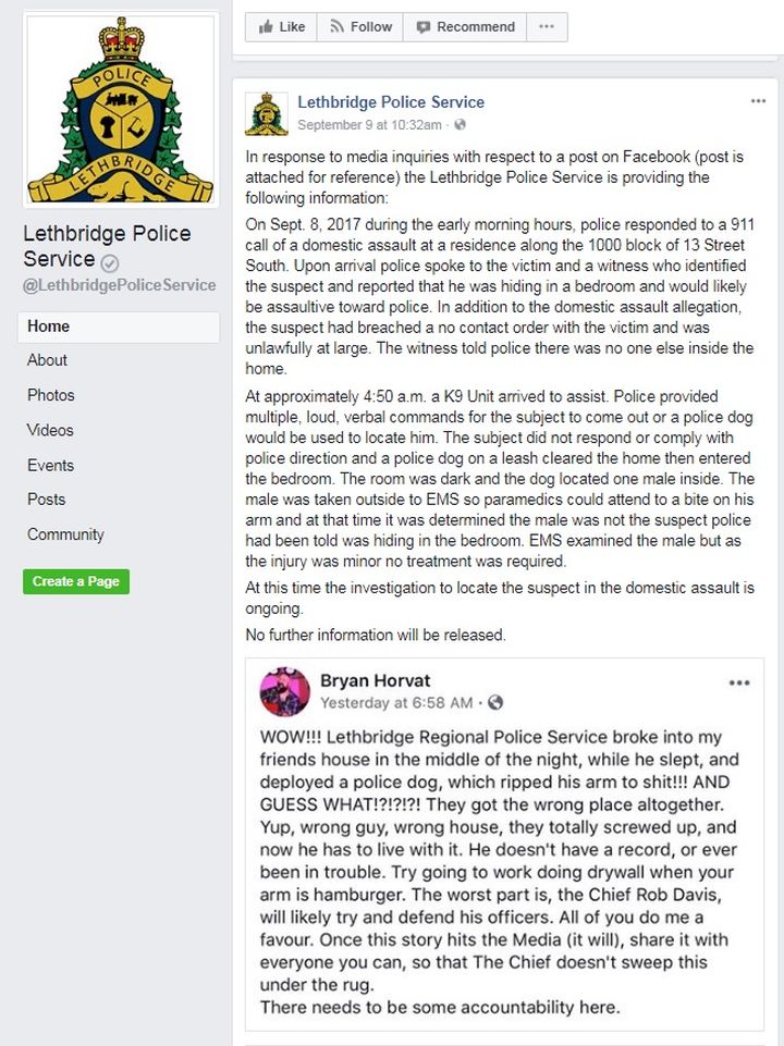 The Lethbridge Police Service released a statement about the incident on their Facebook page.