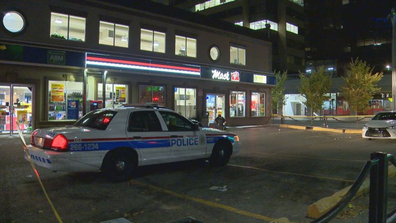Calgary police investigate a stabbing outside a Mac's Convenience Store in the 700 block of 8 Street S.W. on Friday, Sept. 29, 2017. 