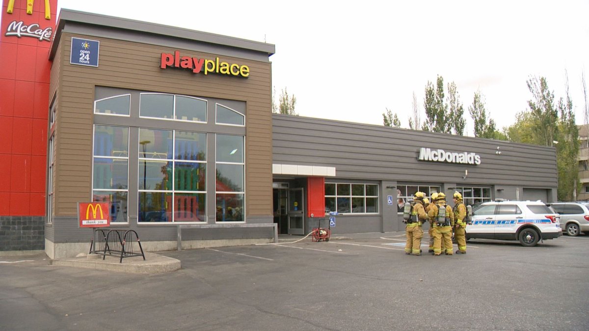 Fire fighters on the scene of a McDonald's on Rcohdale Blvd after bear spray was deployed in the washroom. 