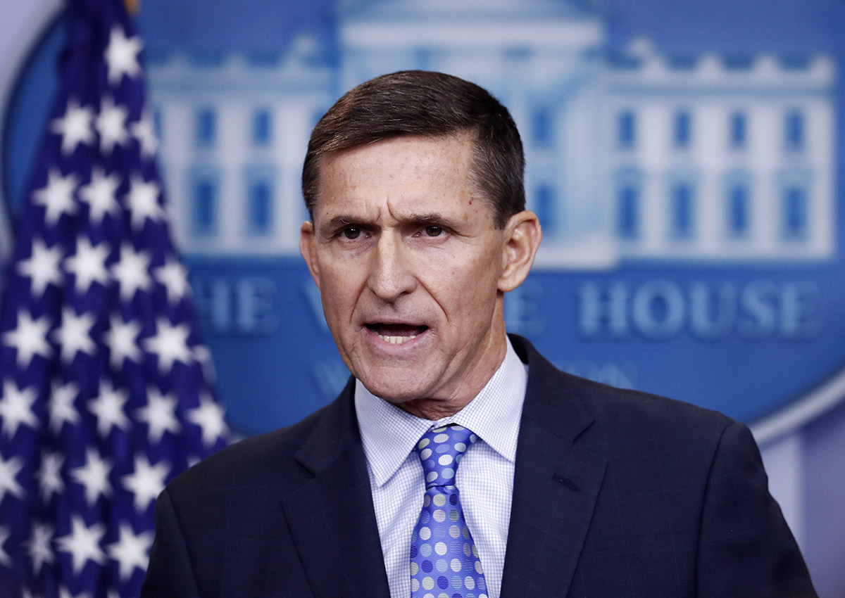  In this Feb. 1, 2017, file photo, National Security Adviser Michael Flynn speaks during the daily news briefing at the White House, in Washington. 