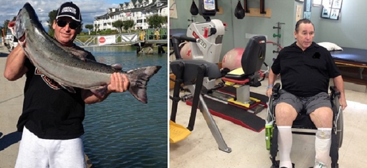 Mike Hamill before and after his guided fishing boat struck a humpback whale. The accident has left Hamill a paraplegic. 