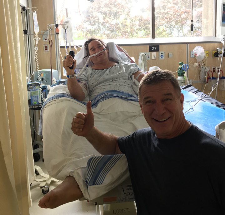 Mike Hamill gets a visit from Rick Hansen after an accident left him a paraplegic.