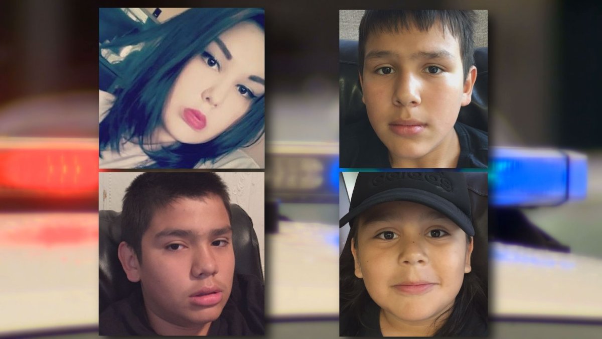16-year-old Taya Guimond (top left), 12-year-old Haiden Guimond (top right) 13-year-old Ross Blackbird (bottom left), and 10-year-old Peyton Guimond (bottom right) Have all been reported missing by Winnipeg Police.