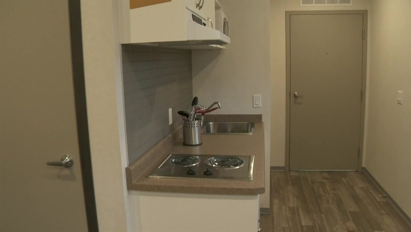 The interior of a unit at a modular housing project in Vancouver.