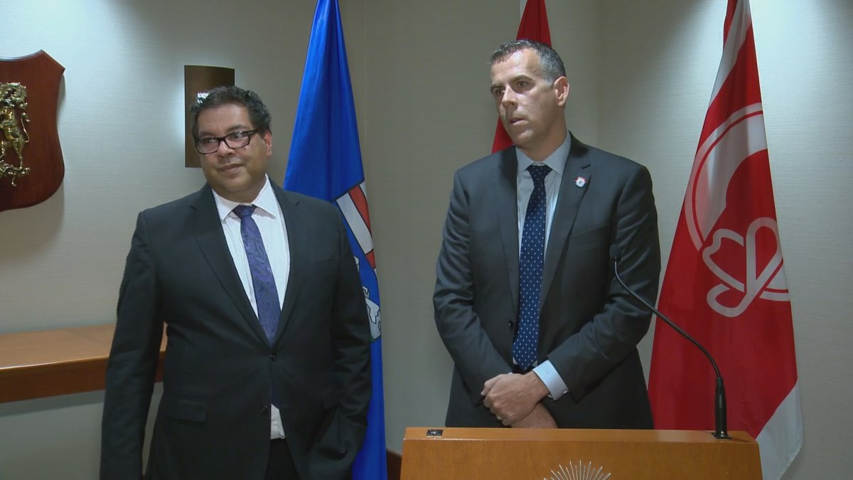 Calgary Mayor Naheed Nenshi and Saint John Mayor Don Darling hold a joint press conference on September 22, 2017.