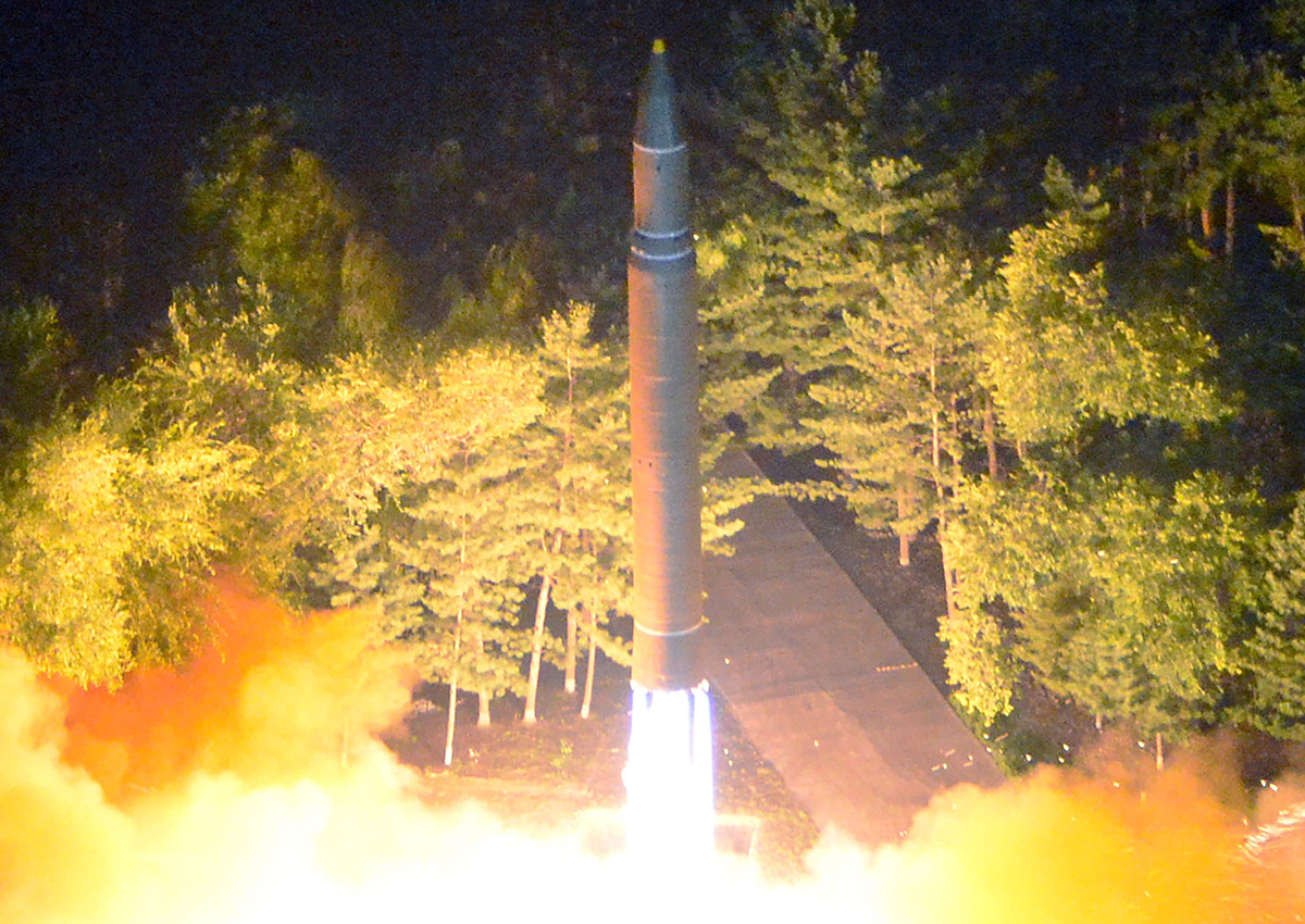 A photo made available by the North Korean Central News Agency (KCNA), the state news agency of North Korea, shows the second test-fire of ICBM Hwasong-14 at an undisclosed location in North Korea, 28 July 2017. 