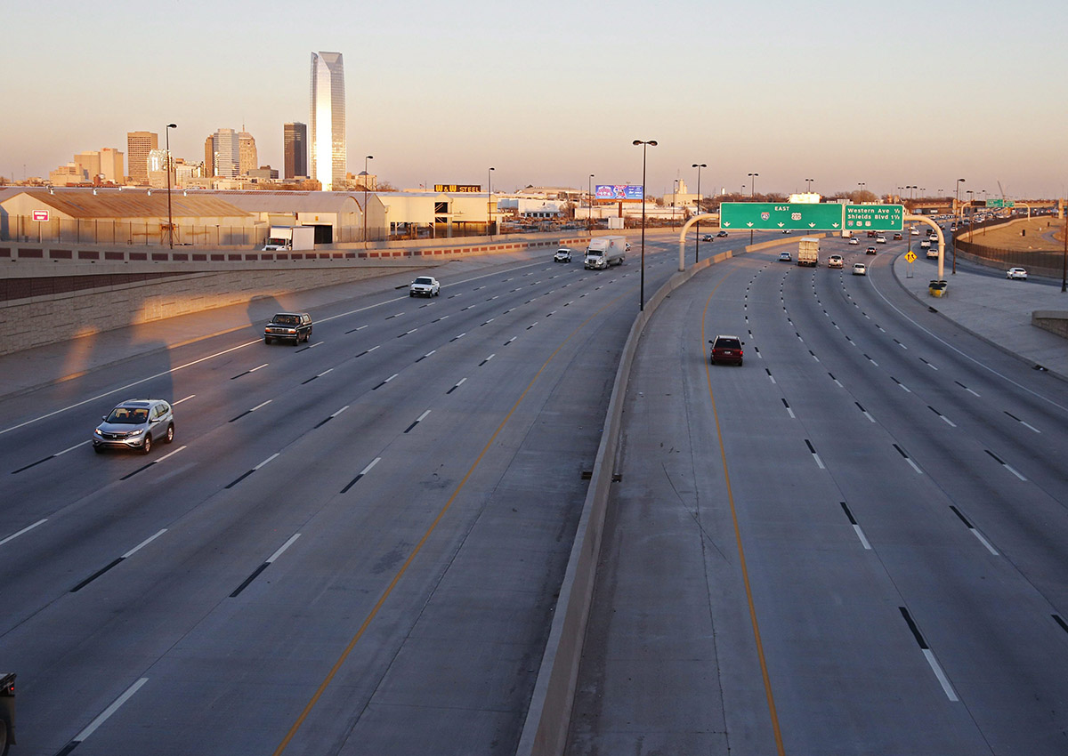 Downtown Oklahoma City is pictured behind Interstate 40, Friday, Feb. 13, 2015. 