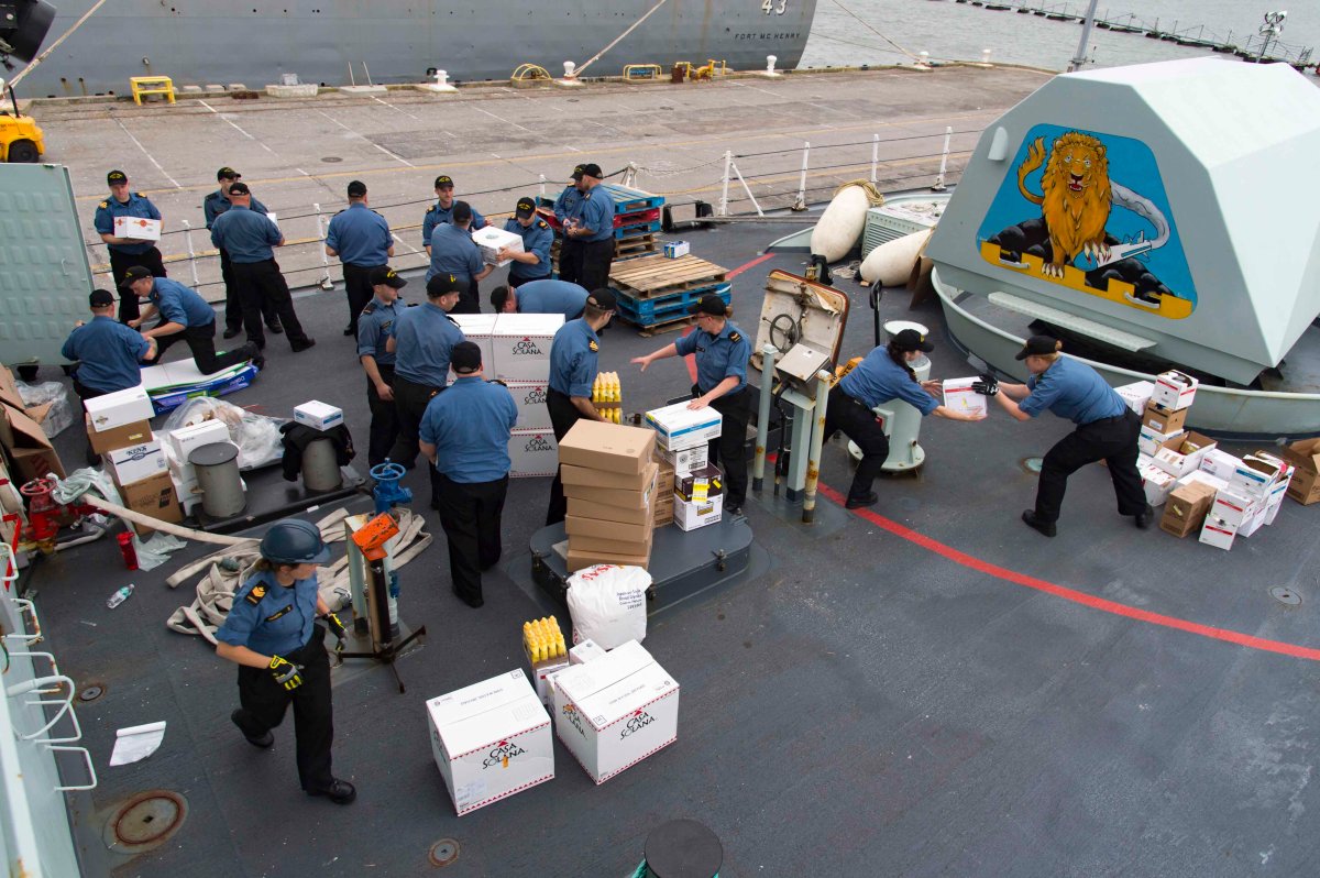 HMCS St. John's received supplies at Norfolk Naval Base in West Virginia on Sept. 11 before departing to help in humanitarian efforts following Hurricane Irma.