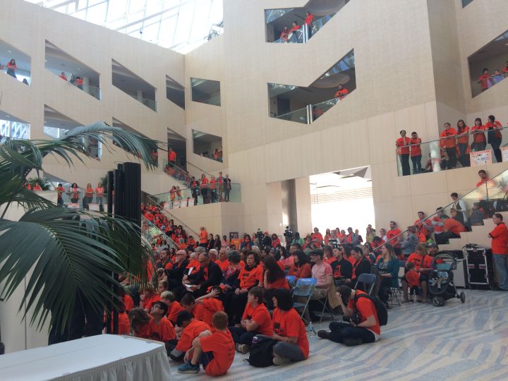 A day before similar events will be held across the country, hundreds of Edmontonians gathered at city hall on Friday for Orange Shirt Day.