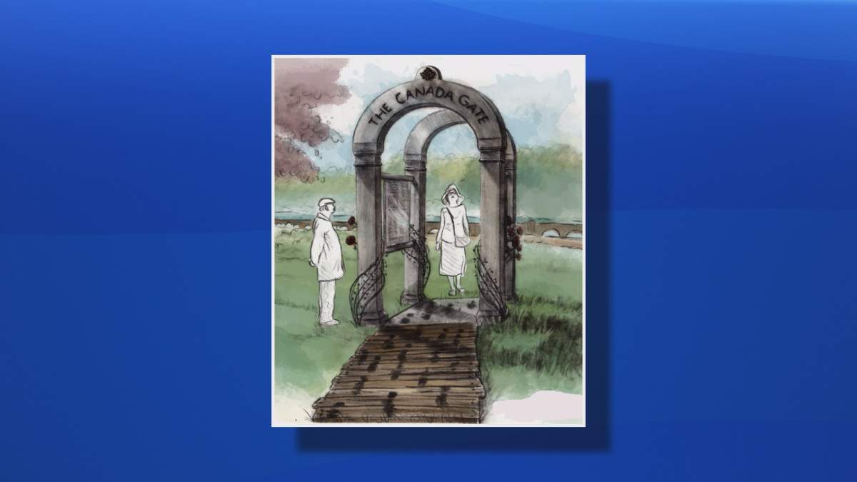 An early drawing of the Passchendaele Canada Gate designed by Nancy Keating.