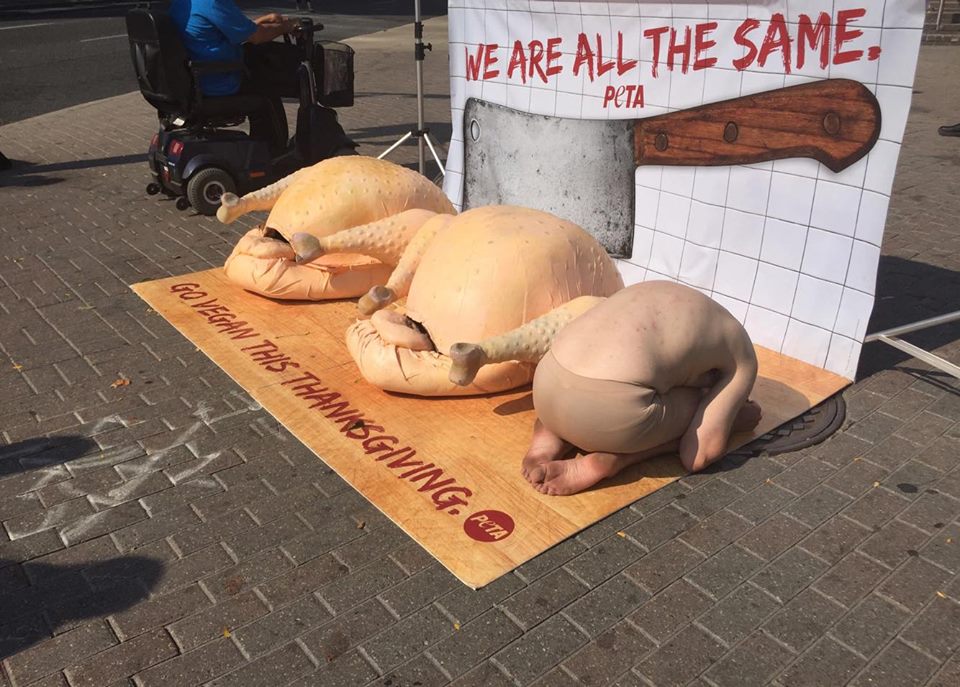PETA protester poses partially nude in demonstration calling for a turkey-free Thanksgiving.