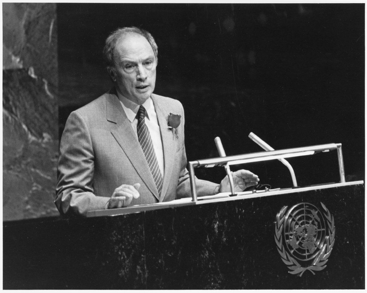 Prime Minister Pierre Elliott Trudeau speaks to a United Nations special assembly on disarmament on June 18, 1982.