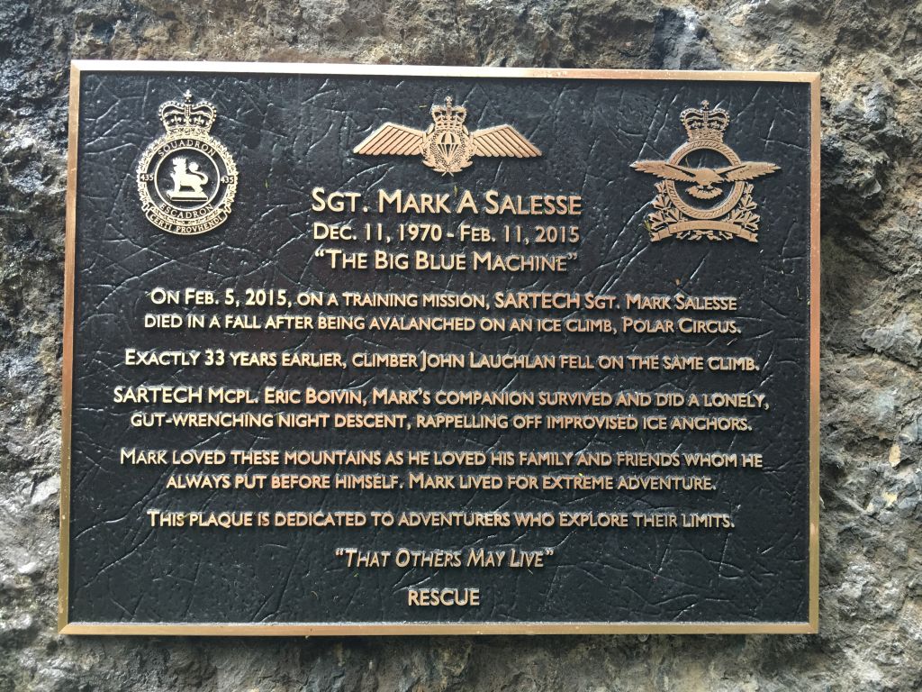 Plaque in memory of search-and-rescue technician Mark Salesse. The plaque now sits at the bottom of Cirrus Mountain in the Canadian Rockies.
